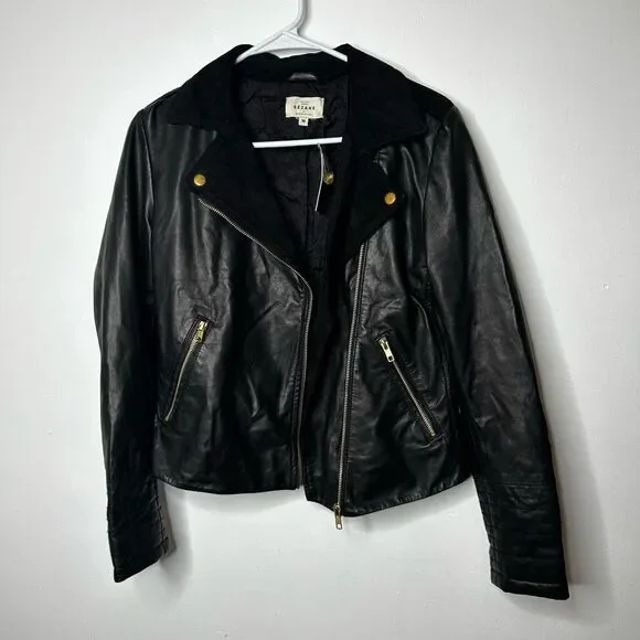 Sezane Black Leather Moto Jacket Size M Full Zip Retro Classic NWT Timeless - Picture 8 of 13